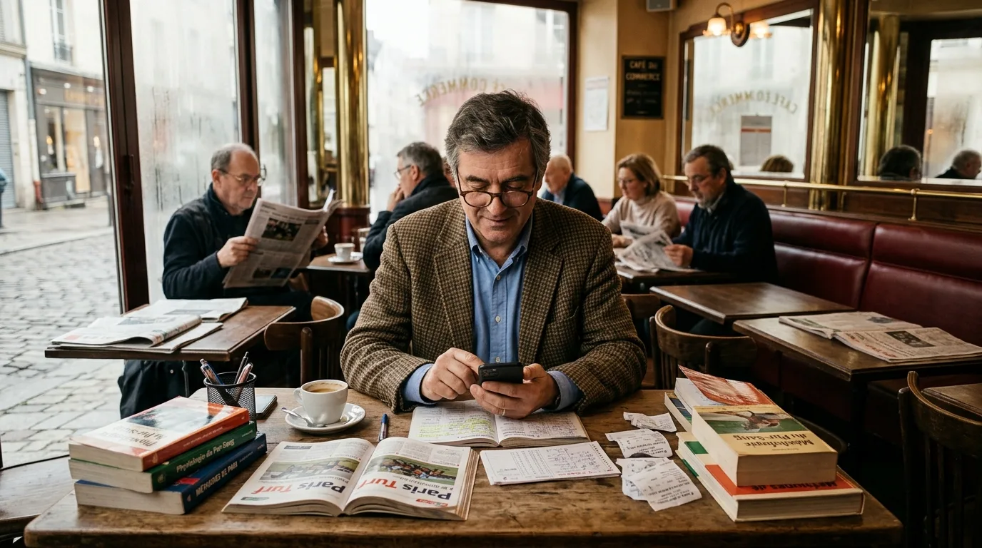 Un parieur consulte les questions fréquentes sur les résultats du quinté+ du jour sur son smartphone, affichant l'arrivée officielle et les rapports PMU.