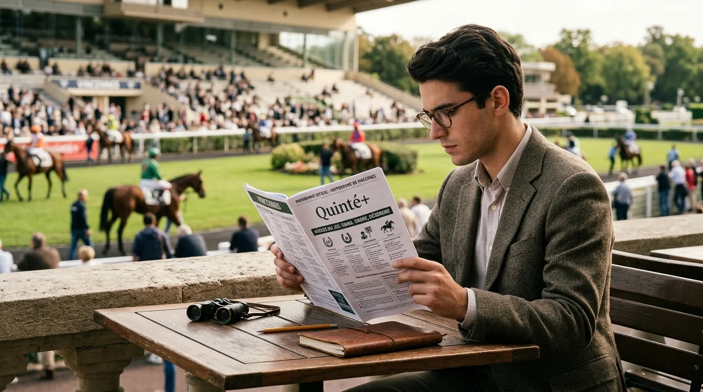 Un parieur étudiant les règles du quinté+ sur un programme officiel à l'hippodrome de Vincennes